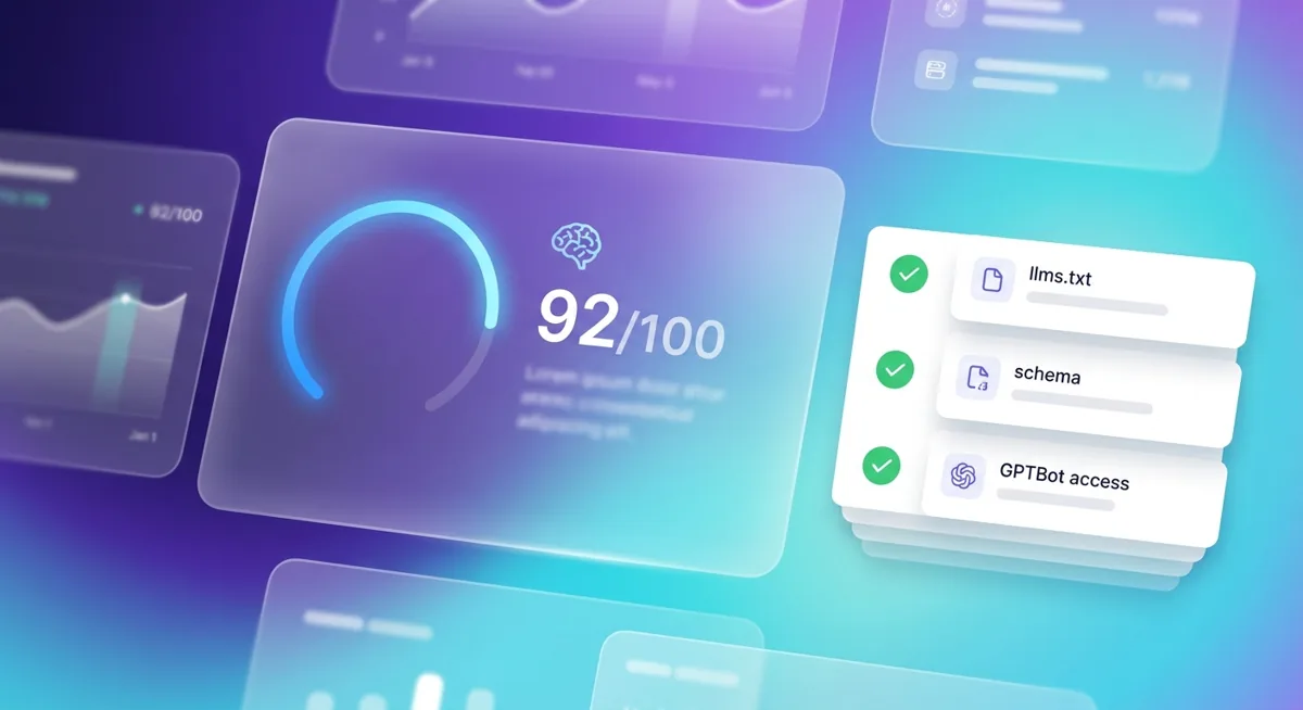 Crawlbright live dashboard mockup showing domain scores, crawler access, schema status, and alerts