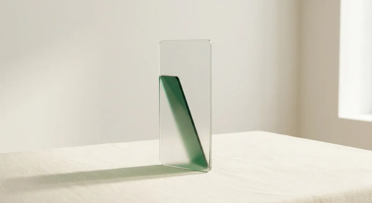 Minimal green glass panel on warm linen, used as Skimscore's calm product visual.