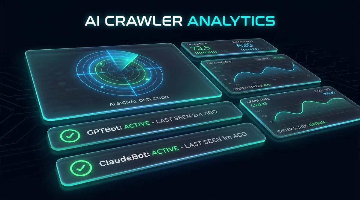Noctabeam product mockup showing a glass dashboard with AI readability score and crawler checks.