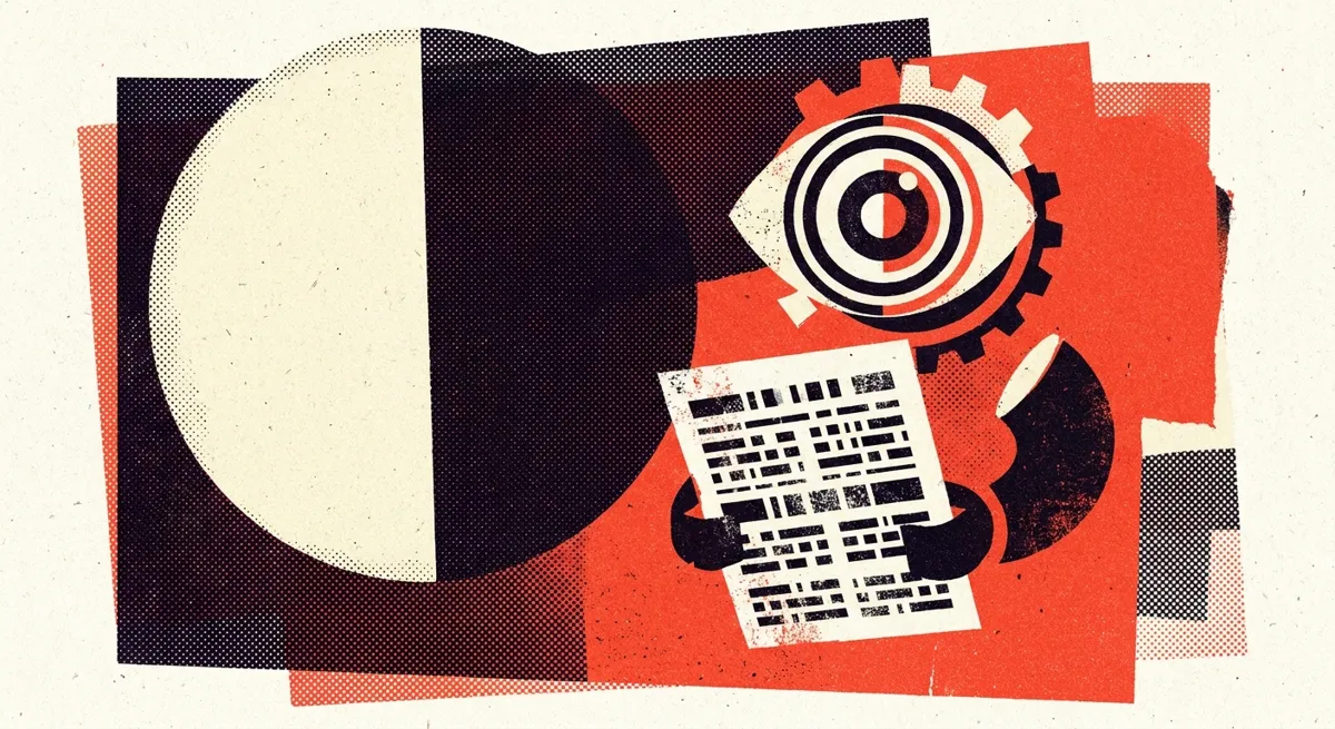 Editorial collage representing AI crawlers reading structured website signals